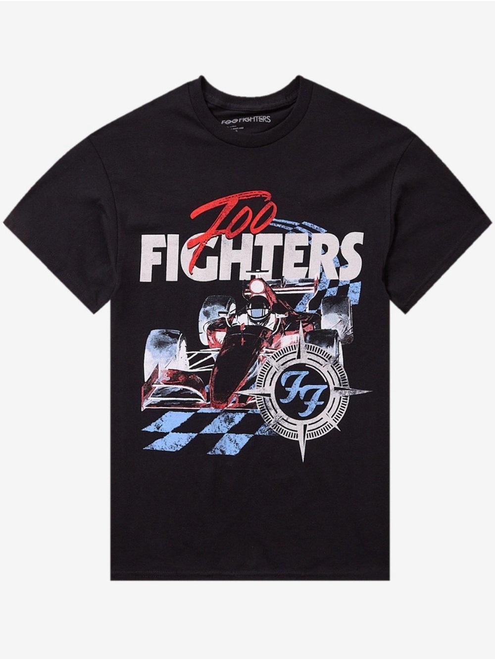 Hot Topic Foo Fighters Black Graphic Tee with Red, White & Blue Design